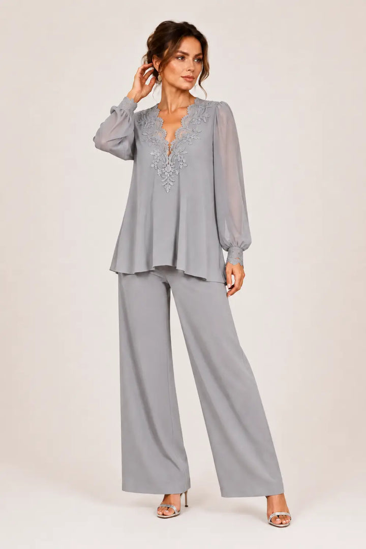 Ensemble pantalon large en mousseline à col V superposé
